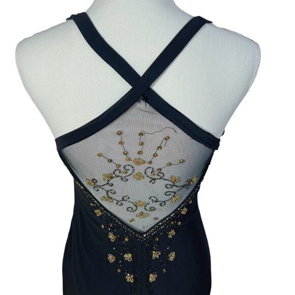 Vintage Dave & Johnny Black Gold Beaded Gown Mesh Detailing Formal Dress Size 8 - Picture 2 of 13